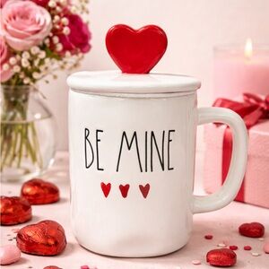 Rae Dunn “Be Mine” White Ceramic Mug W/ Red Heart Topper NWT